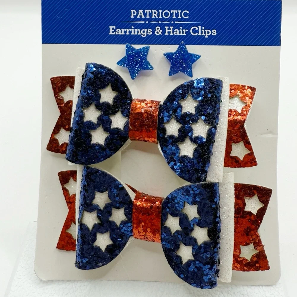 Patriotic Hair Bow & Star Earrings Set | Red White Blue Glitter